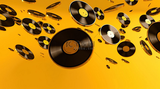 黑胶唱片背景图片_金色和黑色黑胶唱片的 3D 渲染在充满活力的黄色背景下翱翔