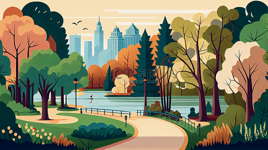 公园湖边插画背景