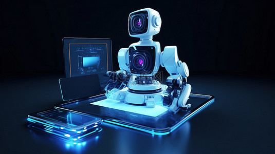 3D 渲染中的迷你机器人和技术图标显示
