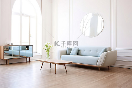 阳光墙壁桌子背景图片_漂亮的白色房间里有一张沙发，有白色的墙壁和木地板