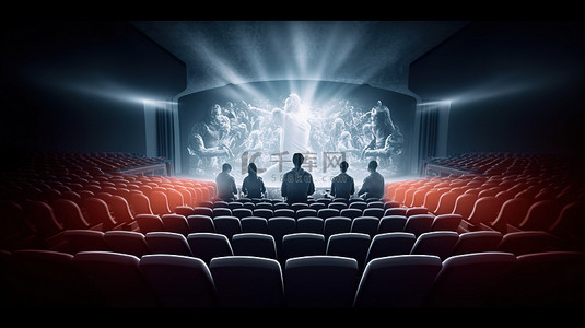 先生们在剧院欣赏电影 3D 渲染艺术品