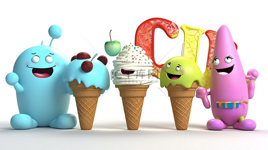 糖果字体背景图片_孤立的白色背景，带有 3D 刻字冰淇淋和各种字符