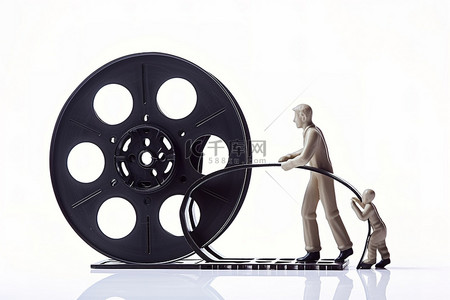 一个男人拉着一个胶片卷轴，上面有一个电影制片厂