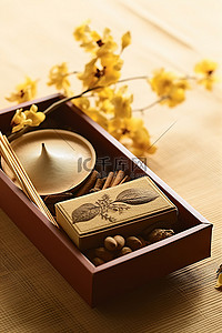 一个木盒，里面有一根黄色的香和一盒干果
