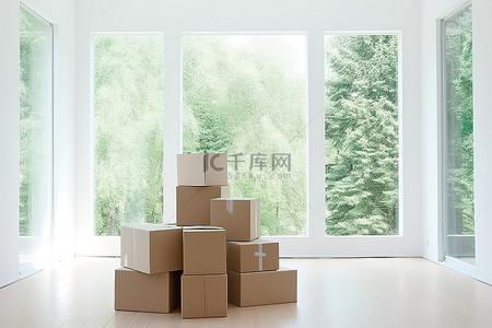 窗户窗帘背景图片_带窗户和白色墙壁的白色房间里有一小堆移动箱子