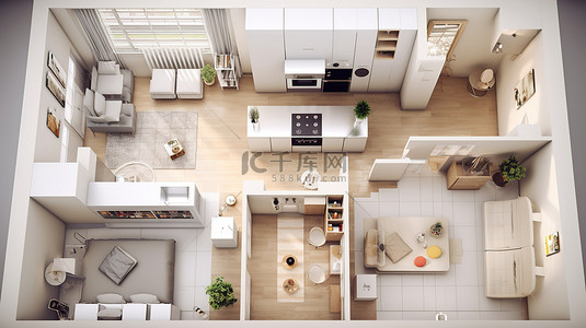 房子平面3d背景图片_带厨房的浅色调现代平面 3D 室内工作室的顶视图