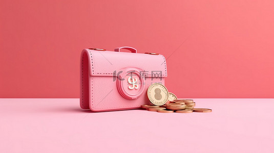 钱包模版背景图片_粉红色背景上带有硬币和纸币的钱包的 3D 渲染，可视化省钱目标