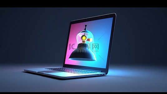 苹果笔记本图背景图片_笔记本电脑屏幕上带有响铃图标的新 3D 卡通通知警报