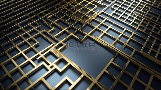 现代奢华背景墙背景图片_带有金银网格线的豪华方形墙的现代奢华 3D 渲染