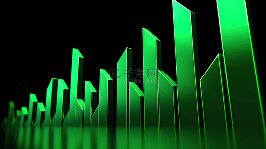 向上指向的绿色箭头象征着 3D 渲染插图中看涨的市场增长