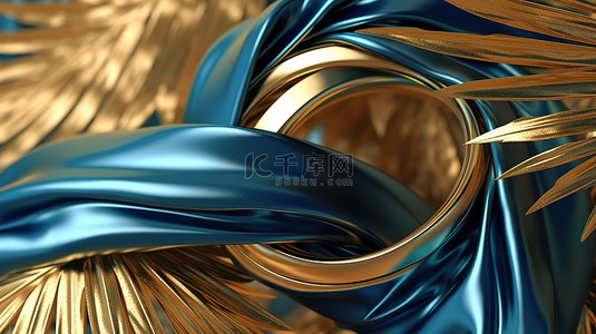 金色金属热带棕榈叶和圆环在豪华软纺织面料上的 3D 渲染