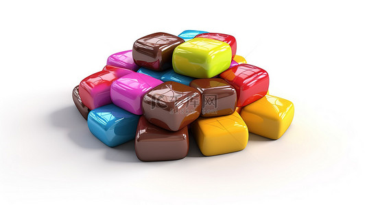 充满活力的方形巧克力丸，彩虹分类 3D 插图，白色背景