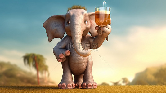 享受卡通背景图片_3D 卡通大象享受一杯啤酒，拿着扩音器取乐