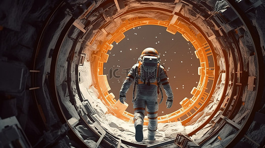 一名太空探险家冲过隧道，到达星际门户的另一部分，代表以 3D 渲染的未来技术和航天器设计
