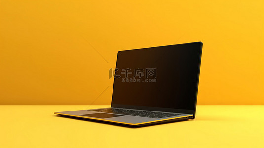 黄色广告字背景图片_最小设计黄色背景，带有笔记本电脑的复制空间 3D 渲染
