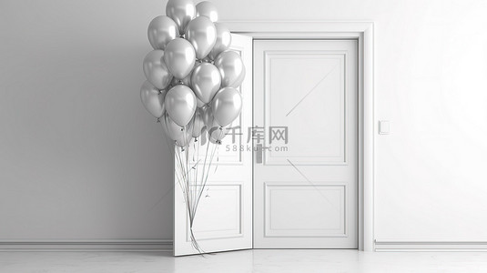 门上装饰背景图片_白色门的垂直框架 3D 渲染，上面装饰着阳光照射的气球，并在白色背景上投射阴影和阴影