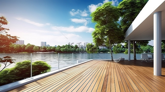 设计时尚的白宫，俯瞰湖泊 3D 渲染，配有钢结构和木制露台