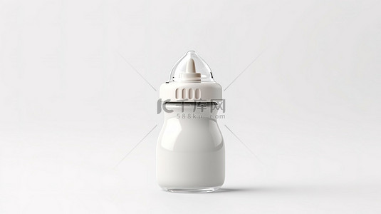 白色背景 3D 渲染婴儿奶瓶，带盖和奶嘴模型，可供定制