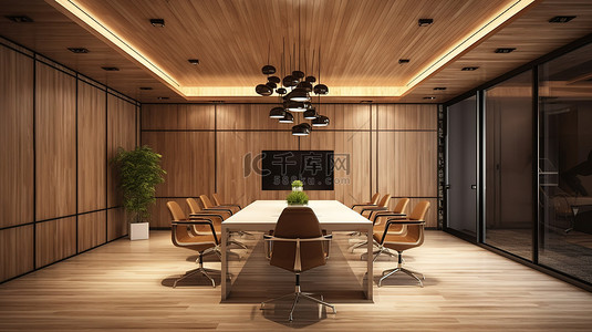 书房会议室背景图片_用于商业目的的 3D 渲染中的现代木质风格会议室