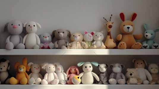 毛绒室内背景图片_展示架上有 3D 渲染的毛绒玩具动物