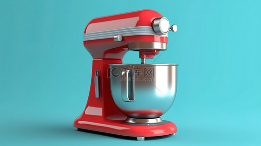 复古蓝色厨房立式搅拌机在 3D 渲染的红色背景上脱颖而出