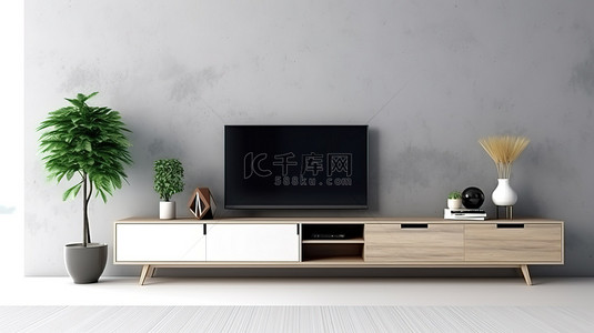 适合现代办公室和家庭的现代电视区设计，在 3D 渲染中具有简约风格