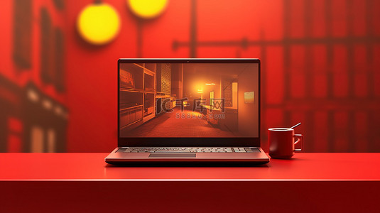 红色办公室场景背景下笔记本电脑的 3D 插图