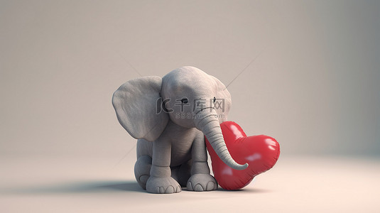 玩具大象模型与毛绒红色心形枕头 3d 渲染插图