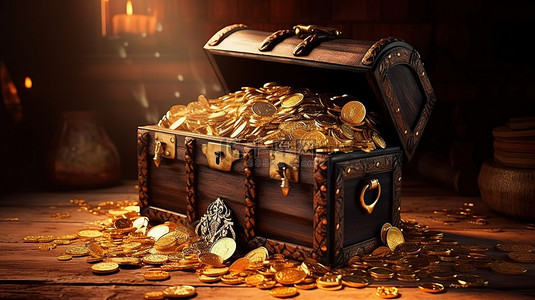 金币在旧海盗箱中闪闪发光 3D 插图