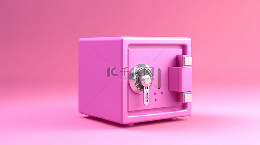 3D 渲染一个可爱的粉色卡通钱保险箱的插图，在粉色背景上，有充足的复制空间