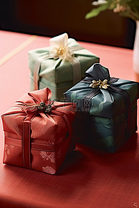 新年包装背景图片_桌子上有两个包装好的盒子，包装有多种颜色
