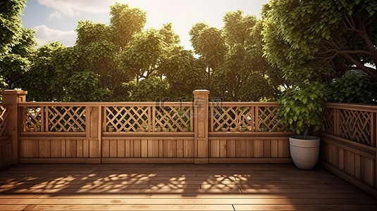 花园花园背景图片_以惊人的 3d 捕捉的木制阳台和花园树篱