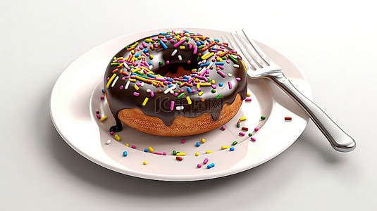 美味的巧克力釉面甜甜圈，上面洒满了彩色的糖粉，并配有叉子和刀子，在白色背景上以 3D 呈现的顶视图