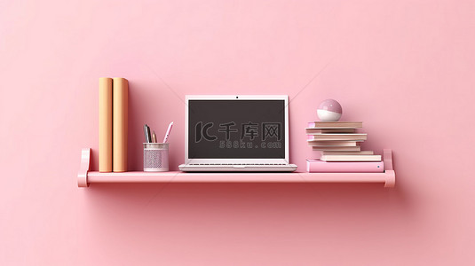 巴黎复古背景图片_粉红色架子背景横幅上笔记本电脑的 3D 插图