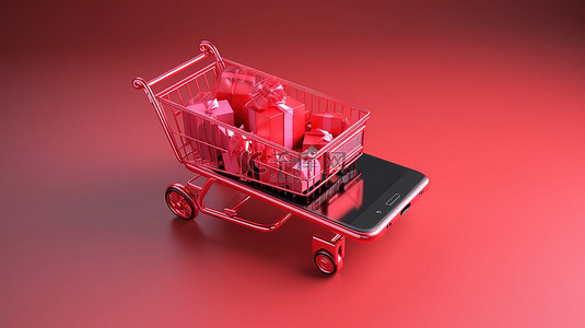 购物商城背景图片_渲染图像中增强的 3D 购物体验购物车钱礼盒和手机
