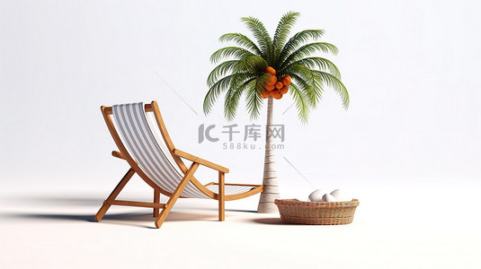 白色背景上 3D 隔离的热带棕榈树和躺椅