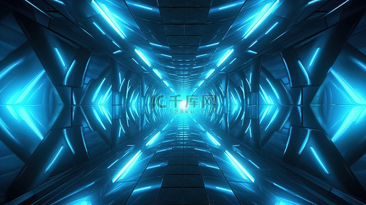 对称设计和柔和蓝色灯光的万花筒隧道 3D 描绘