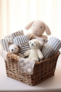 一个装有羊和婴儿礼物玩具的柳条篮