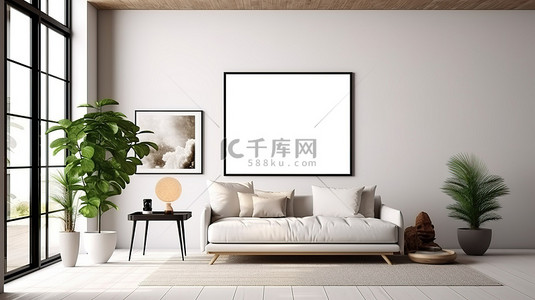 室内家居背景海报背景图片_宽敞时尚的现代公寓，配有模型海报框架高分辨率 3D 渲染图像