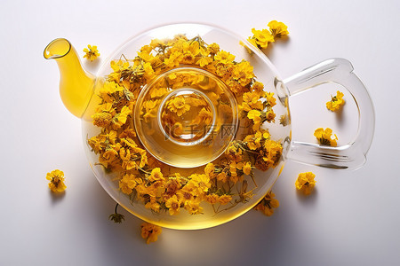 一个黄色的茶壶，上面有花