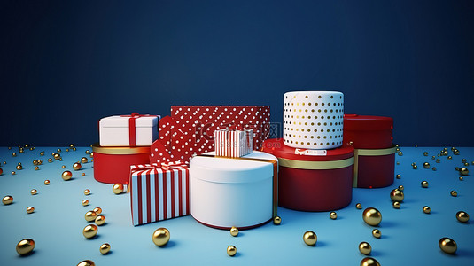 波尔卡圆点背景图片_红色白色和金色的节日礼盒，蓝色背景上装饰着丝带和波尔卡圆点，非常适合圣诞节和新年庆祝活动