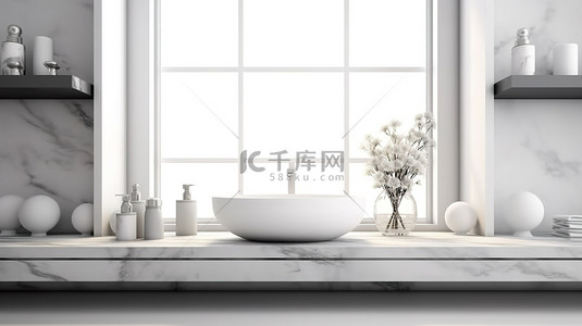 空白的白色桌子，用于在现代 3D 渲染浴室背景下展示您的产品
