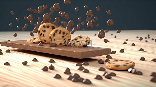 巧克力片在木托盘上层叠和滑动的 3D 插图