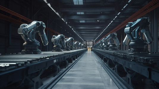 操作的手背景图片_由 3D 渲染的机器人手臂操作的工厂自动化机器人和输送线