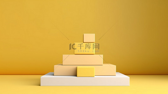 方形淡黄色简约 3D 产品展示背景，带支架和讲台