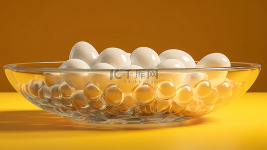 黄色背景下装有白鸡蛋的透明盘子的特写 3D 渲染