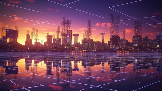 加快推进产业强区背景图片_日落时为未来智能城市提供智能电网供电的可再生能源解决方案的 3d 渲染