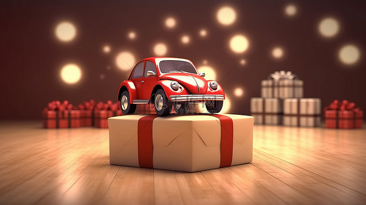 以圣诞车和礼品盒为特色的节日陈列室的 3D 渲染插图