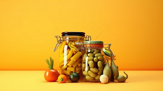 黄色背景美食背景图片_阳光明媚的黄色背景下厨具罐头蔬菜和油的充满活力的 3D 渲染