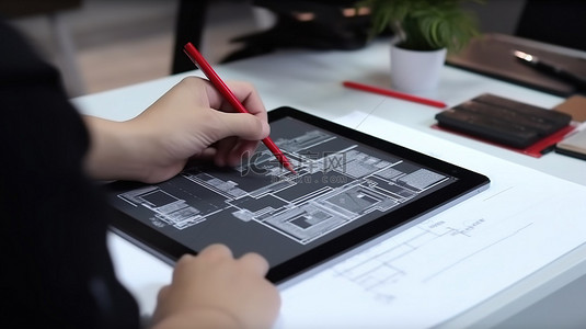 平面设计师在数字平板电脑上为客户创建 3D 室内设计草图